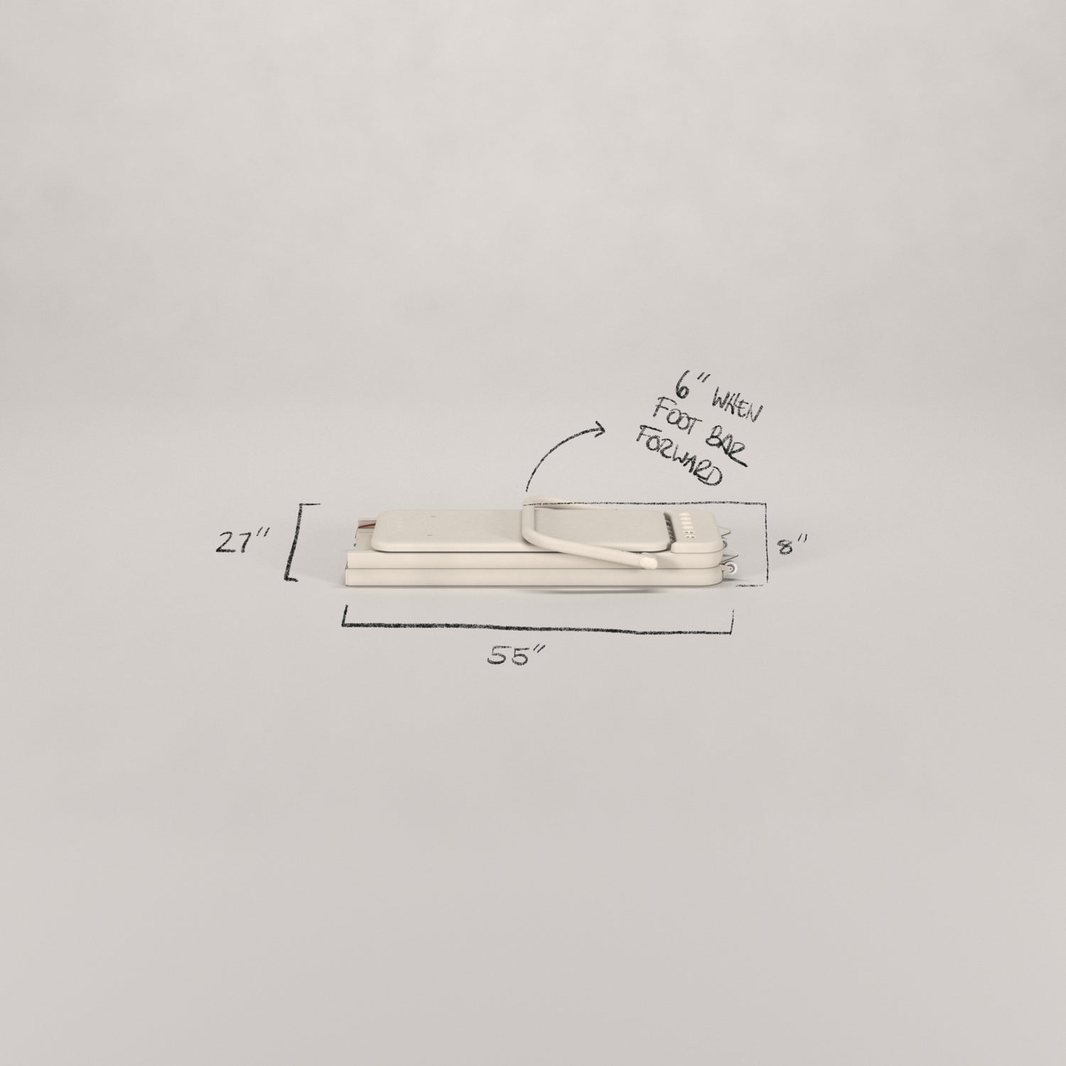 Folded Somato Reformer with handwritten notes showing compact dimensions.